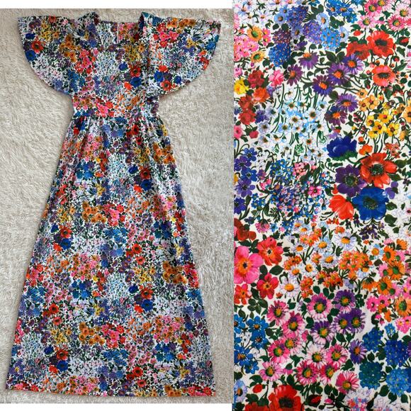 70s Vibrant Floral Print Flutter Sleeve Maxi Dress - Picture 1 of 12